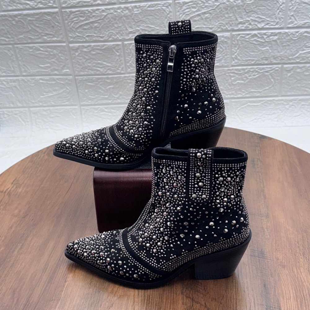 ISNOM Black Rhinestone Studded Western Ankle Booties Boots US 6 EU 36 NWOB
